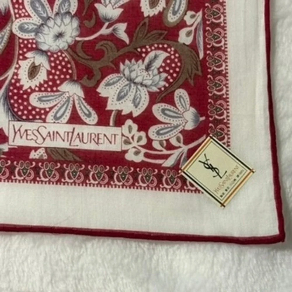 Vtg YVES SAINT LAURENT Scarf Handkerchief Floral Cotton Burgundy Red 18